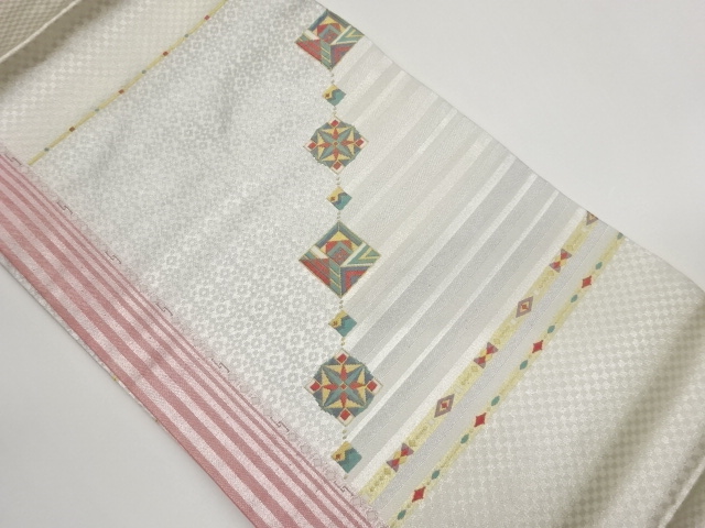 Nagoya obi woven with colored paper and abstract pattern in horizontal rows